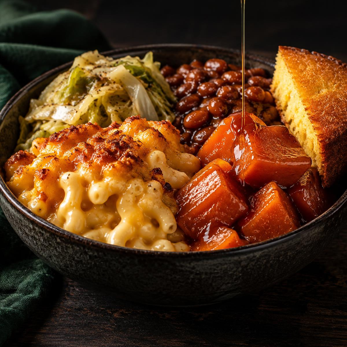 Trays of macaroni and cheese, candied yams, baked beans and cabbage ready for catering