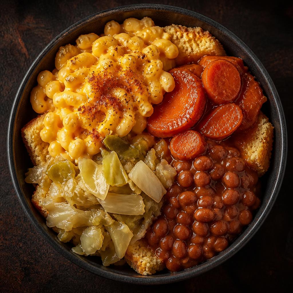 Honey Cornbread Soul Bowl layered with macaroni and cheese, candied yams, baked beans and cabbage
